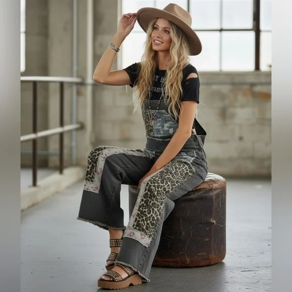 POL Patchwork Leopard Print Floral Camo Patch Boho Overalls - Picture 2 of 16